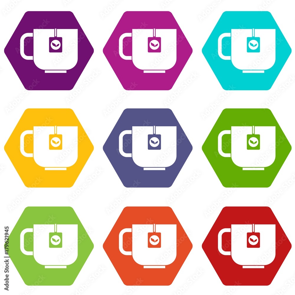 Cup of tea icon set color hexahedron Cup of tea icon set color hexahedron