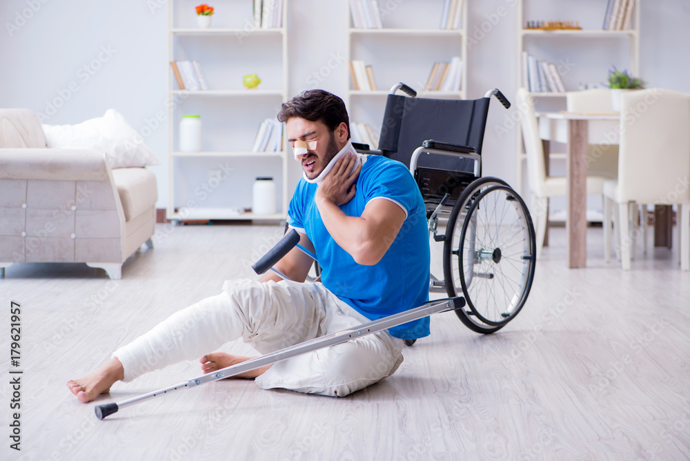 Injured young man recovering at home Injured young man recovering at home