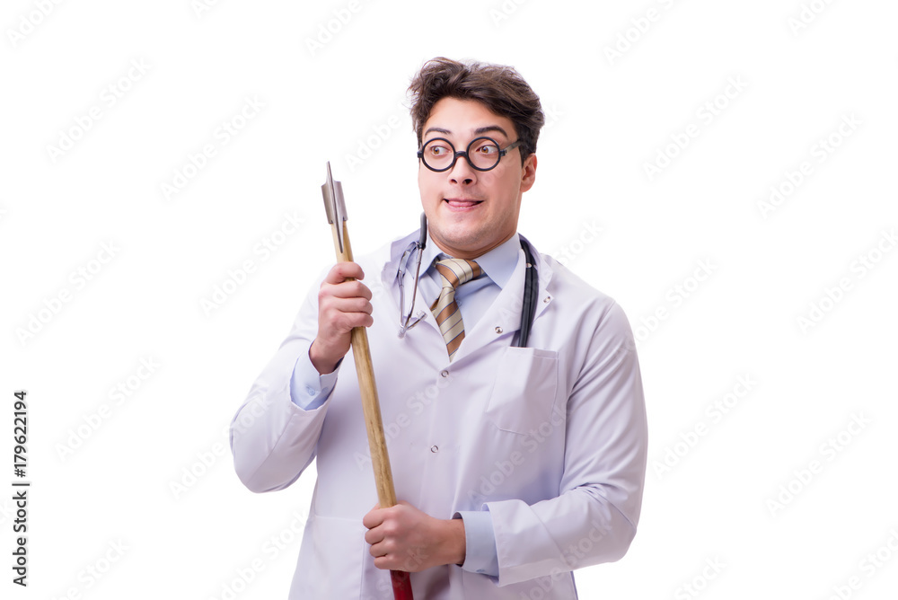 Funny doctor with axe isolated on white Funny doctor with axe isolated on white