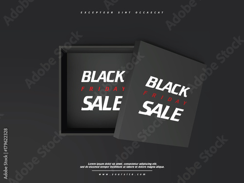 Realistic black shopping box with lettering Black Friday. Banner for black friday. Vector illustration. Isolated on white. Open black empty paper package or box
