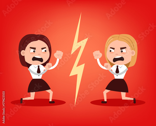 Two angry office workers woman character quarrel and fight. Teamwork concept. Vector flat cartoon illustration