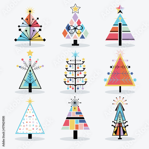 Retro colorful and trendy isolated pop art Christmas trees icons set on white background