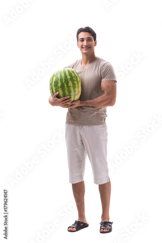 Young man with watermelon isolated on white