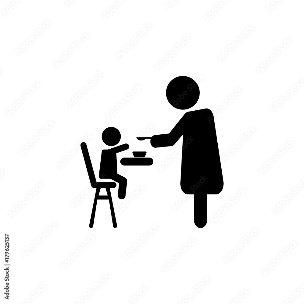 Fototapeta premium Mother feeding her baby child sitting on kids eating chair. Holding hands with spoon going to mouth icon. Simple black family icon. Can be used as web element, family design icon