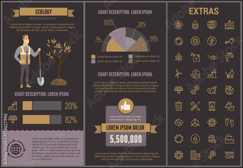 Ecology infographic template, elements and icons. Infograph includes customizable graphs, charts, line icon set with resources of green energy, environmental cycle, water and sun power, factory etc.