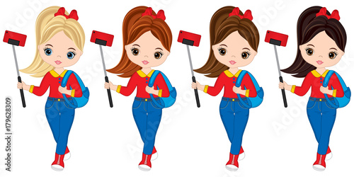 Vector Cute Little Girls Making Selfie