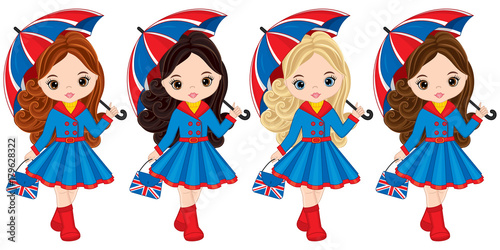 Vector Girls Holding Umbrellas and Handbags with British Flag Print