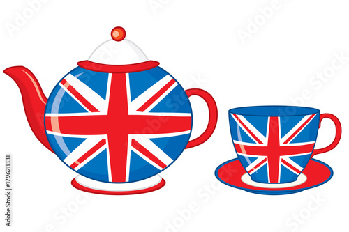 Vector Teapot and Teacup Decorated with British Flag Print