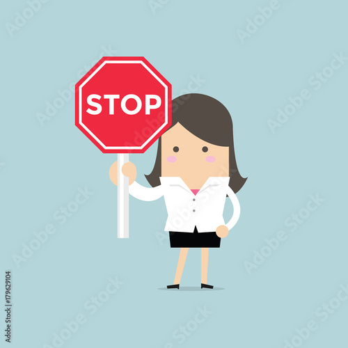 Businesswoman showing stop road sign. Serious businesswoman with stop road sign. Vector
