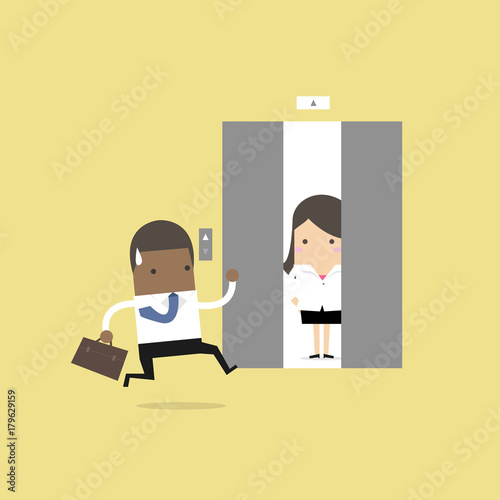 African businessman running to elevator and elevator is closing vector