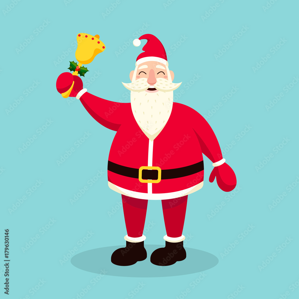 Santa Claus ringing bell decorated with holly leaves and berries. Smiling  funny cartoon character isolated on blue background. Christmas festive  vector illustration. Stock Vector | Adobe Stock