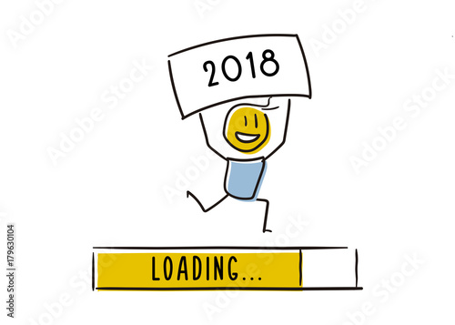 Cute little character happily announcing the new year approaching. Loading Bar almost reaching 2018. Vector doodle illustration