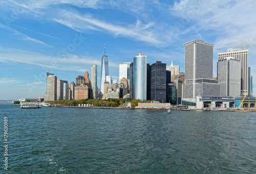 Lower Manhattan skyline as seen from ferry. New York City, USA.
