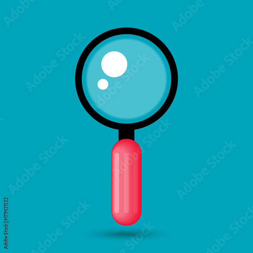 Magnifying glass with a red handle, isolated on a blue background. Vector.