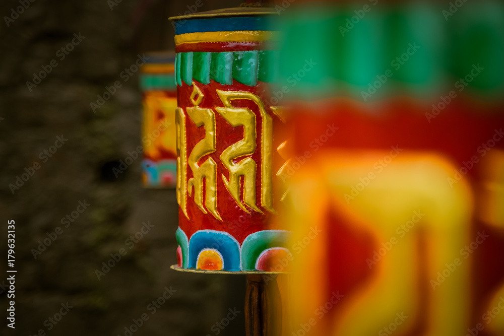 Buddhist prayer wheels in a temple in Bhutan