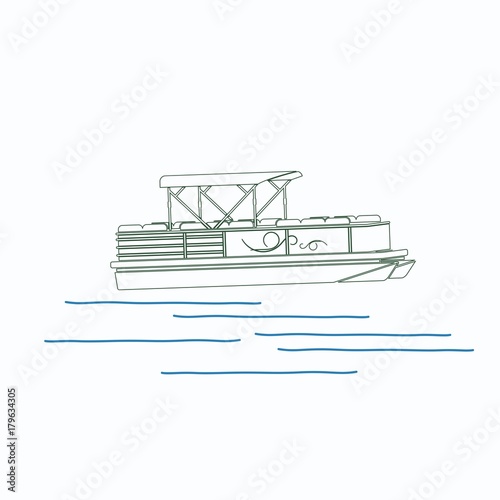 Editable Semi-Oblique Side View Pontoon Boat on Calm Water Vector Illustration in Outline Style for Transportation or Recreation Related Design