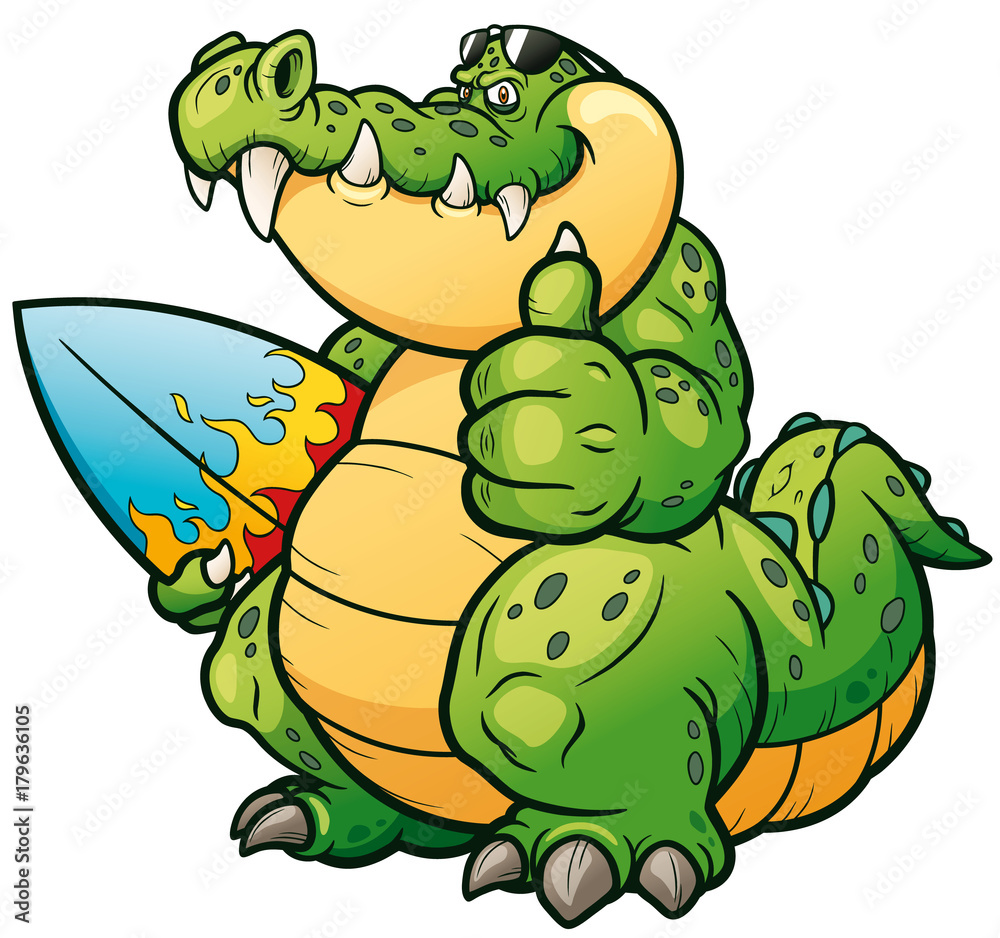 Fototapeta premium Ilustracja wektorowa Cartoon krokodyl z deską surfingową