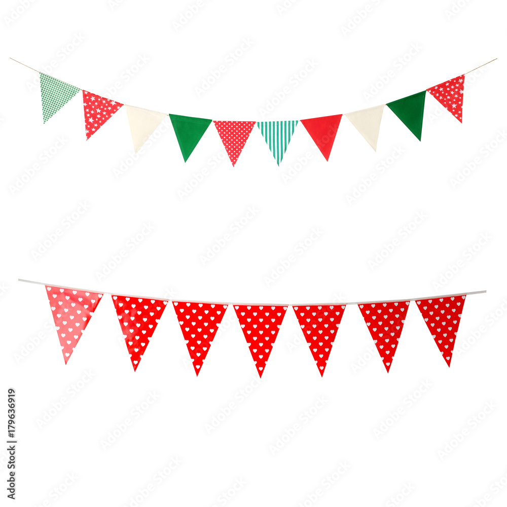 Fototapeta premium Hanging party flags isolated on white background, decorate items for festival, celebrate event