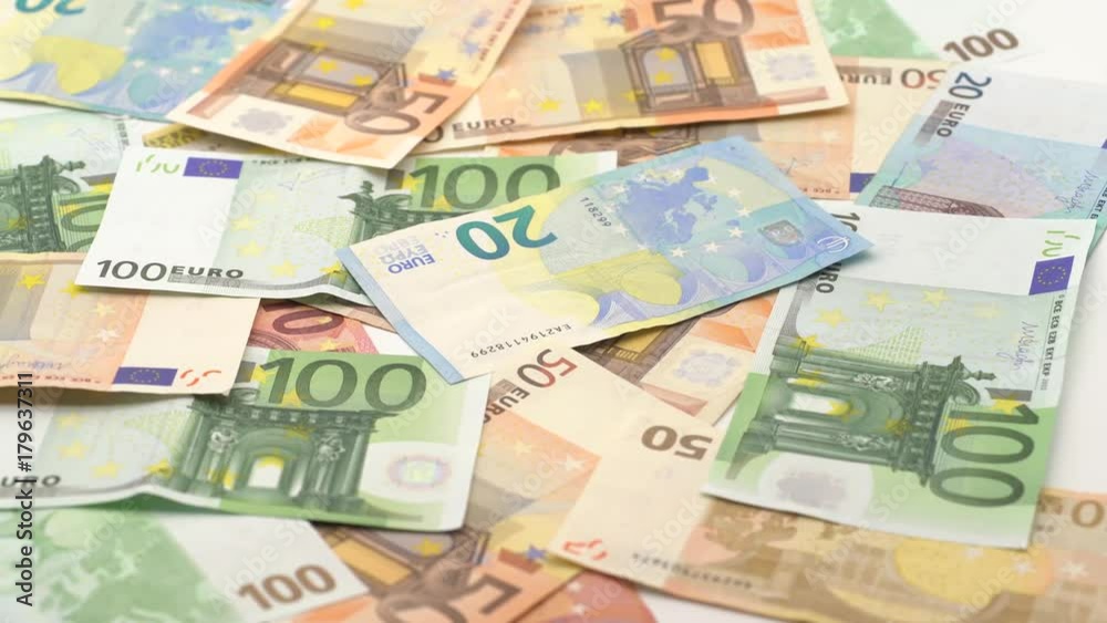 4K Dolly sliding shot euros bills of different values. Euro bill of twenty, fifty, one, two, five hundred. Cash banknotes money background. Good earnings. Issuing the salary. Credit percent-Dan 4K Dolly sliding shot euros bills of different values. Euro bill of twenty, fifty, one, two, five hundred. Cash banknotes money background. Good earnings. Issuing the salary. Credit percent-Dan