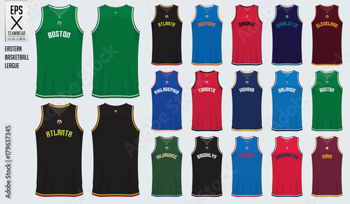 Basketball uniform template design. Tank top t-shirt mockup for basketball club in USA Eastern basketball division. Front view and back view sport jersey. Vector Illustration.