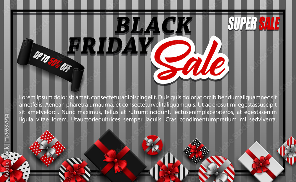 Black Friday sale banner with different gift boxes and black ribbon on gray background