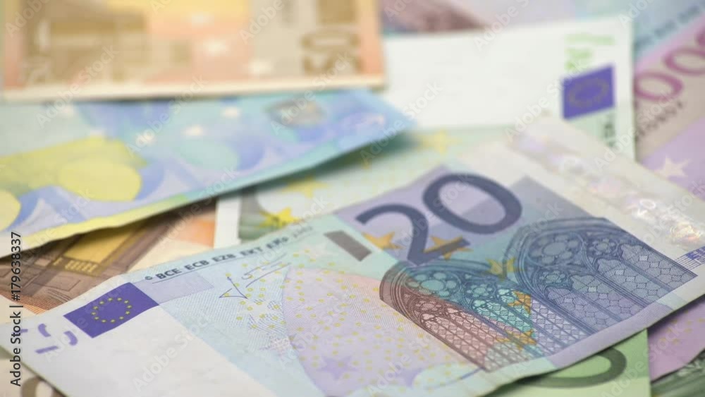 4K Dolly sliding shot euros bills of different values. Euro bill of twenty, fifty, one, two, five hundred. Cash banknotes money background. Good earnings. Issuing the salary. Credit percent-Dan 4K Dolly sliding shot euros bills of different values. Euro bill of twenty, fifty, one, two, five hundred. Cash banknotes money background. Good earnings. Issuing the salary. Credit percent-Dan