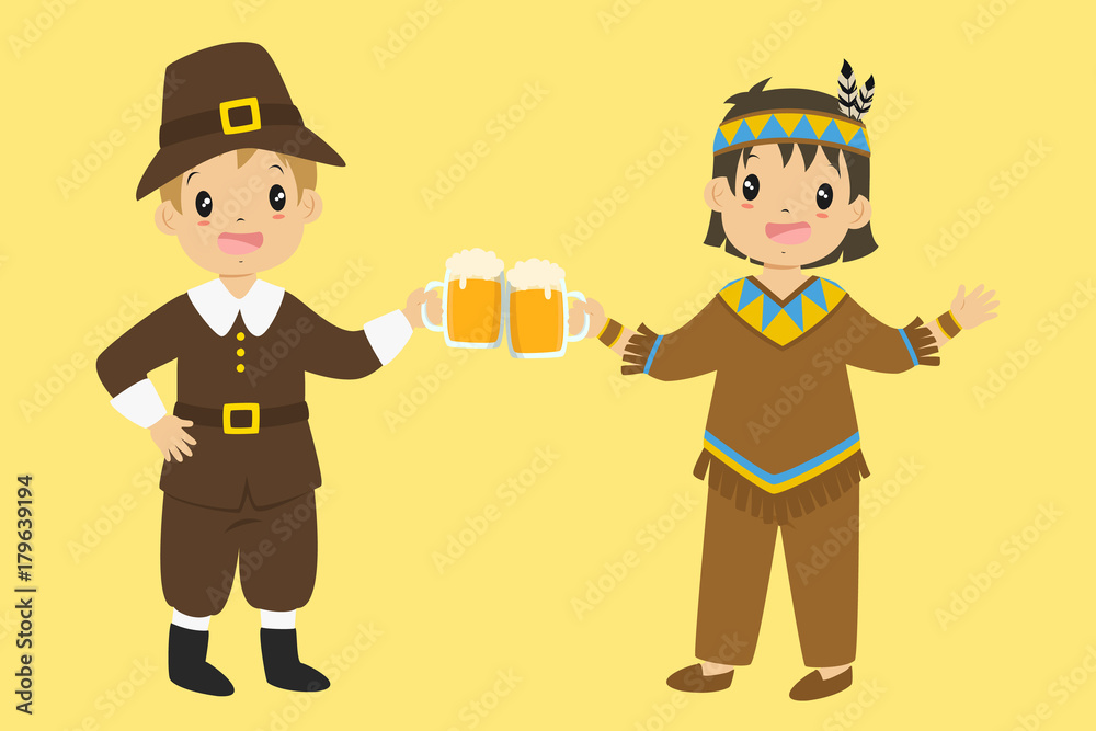 Happy pilgrim and native boy are cheering with pumpkin ale. Thanksgiving character illustration vector
