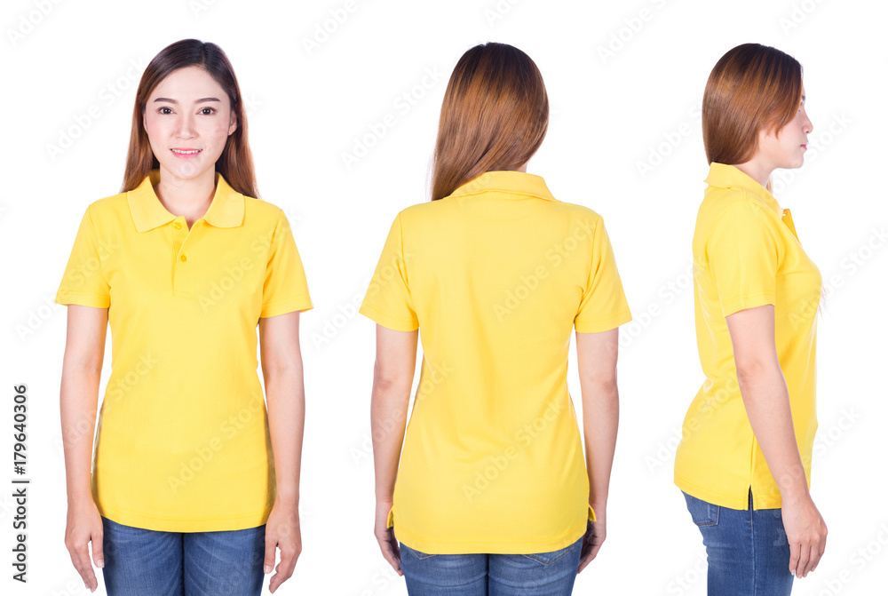 woman in yellow polo shirt isolated on white background