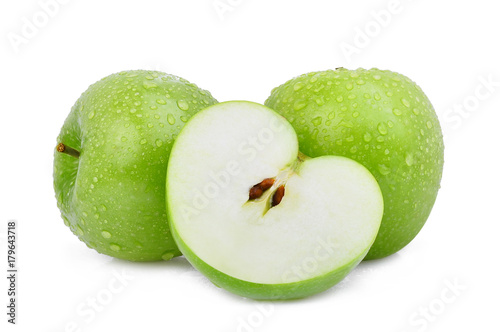 two whole and half of green apple or granny smith apple with drop of water isloated on white background