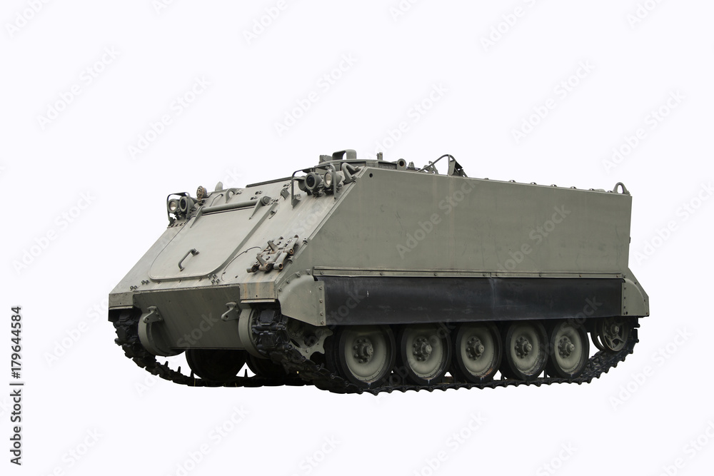 M113 tank armored Personnel Carrier on white background. It is an armored military vehicle used to transport troops. clipping path