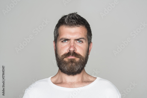 Guy or bearded man on grey background.