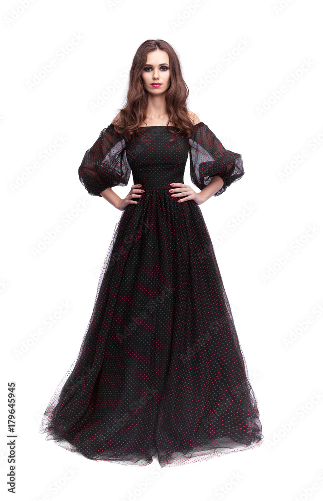 fashion photo of young lady in elegant evening dress, on white background fashion photo of young lady in elegant evening dress, on white background