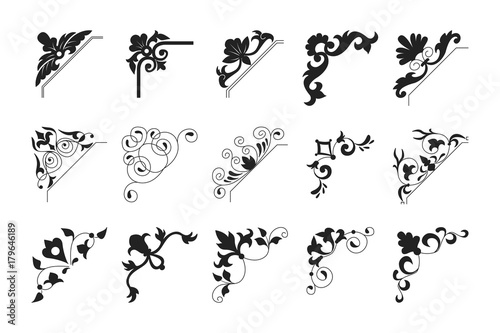 Collection black vintage corner. Decorative floral element set for any design for you. Can be used for wedding, romantic invitation vignette, congratulation and other design.