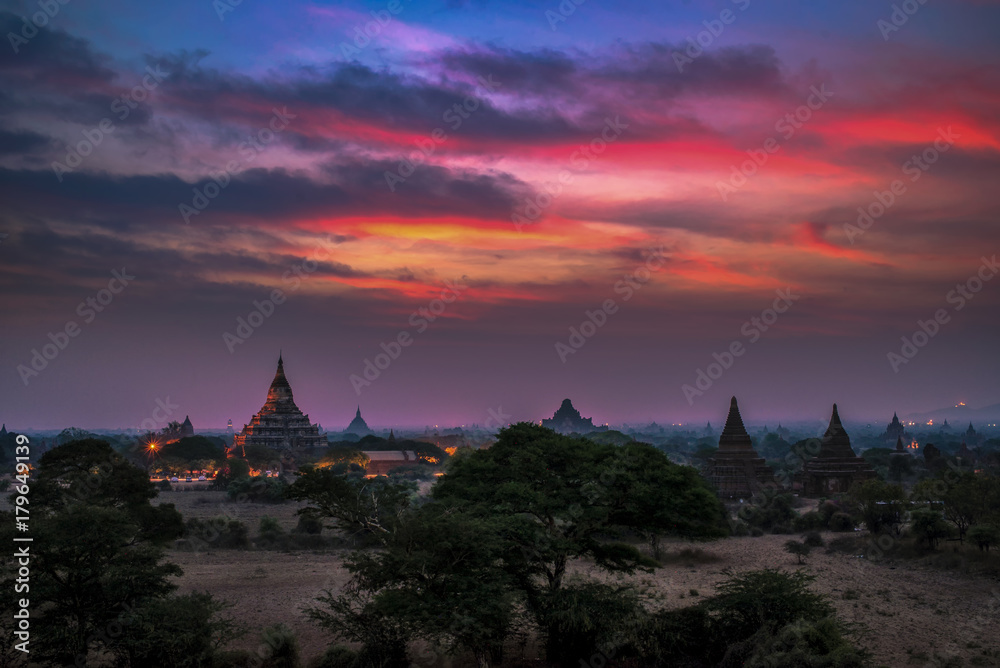 Pagoda landscape at sunrise in the plain of Bagan, Myanmar 