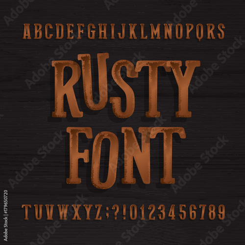 Hand drawn rusty vintage typeface. Retro alphabet font. Type letters and numbers on a rough wooden background. Stock vector typeset for your headers or any typography design.