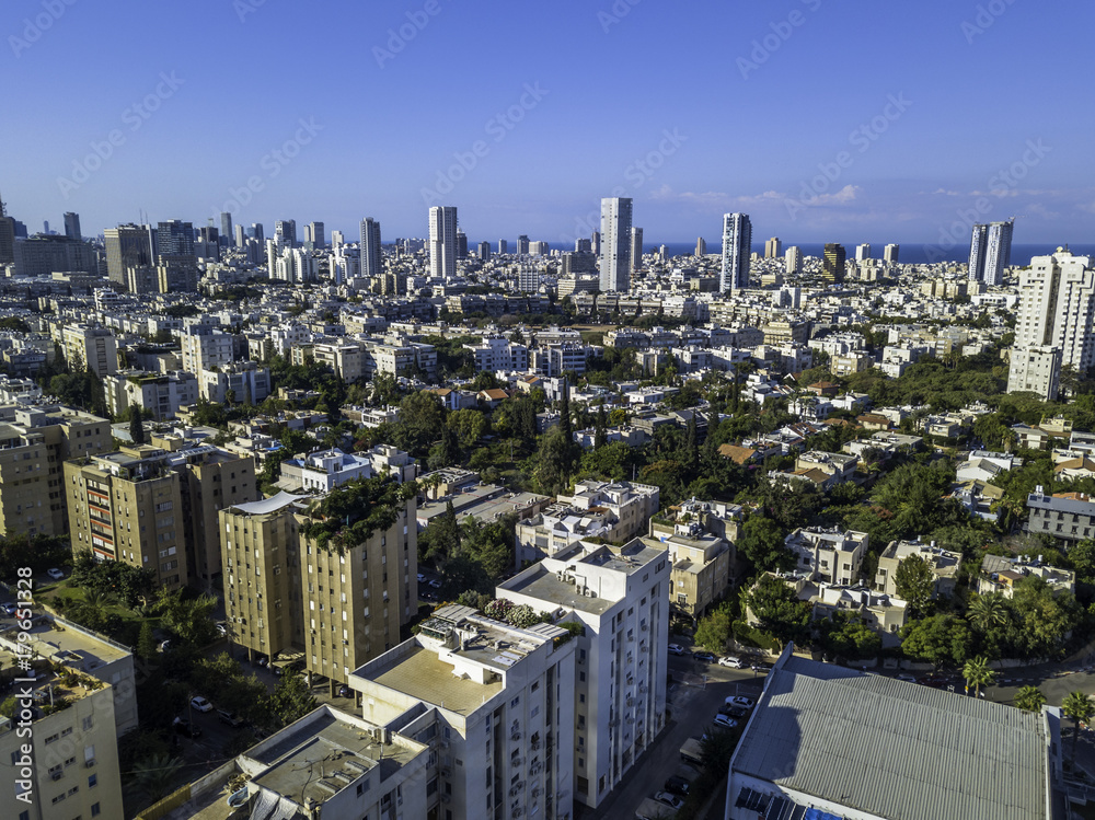Fototapeta premium Park Tzameret akirov is a newly built residential neighborhood of Tel Aviv israel apartment buildings, surrounded by green space panoramic view Kikar Hamedina