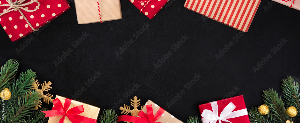 Christmas and New Year holiday banner background top view border design on blackboard Christmas and New Year holiday banner background top view border design on blackboard