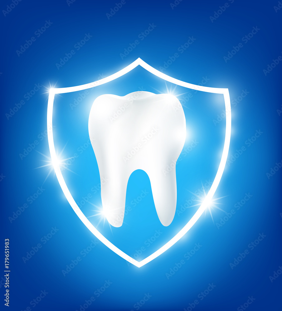 Clean and strong white tooth in protection shield with glittering bright aura protection light element on blue background Clean and strong white tooth in protection shield with glittering bright aura protection light element on blue background