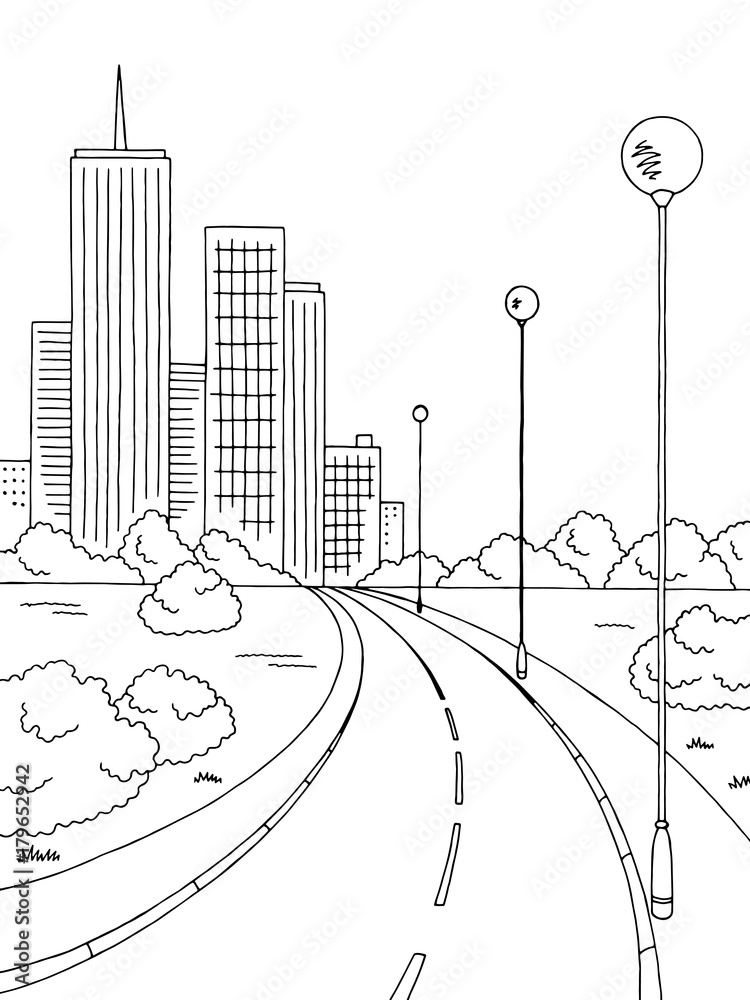 Street road graphic black white city landscape sketch vertical illustration  vector Stock Vector  Adobe Stock