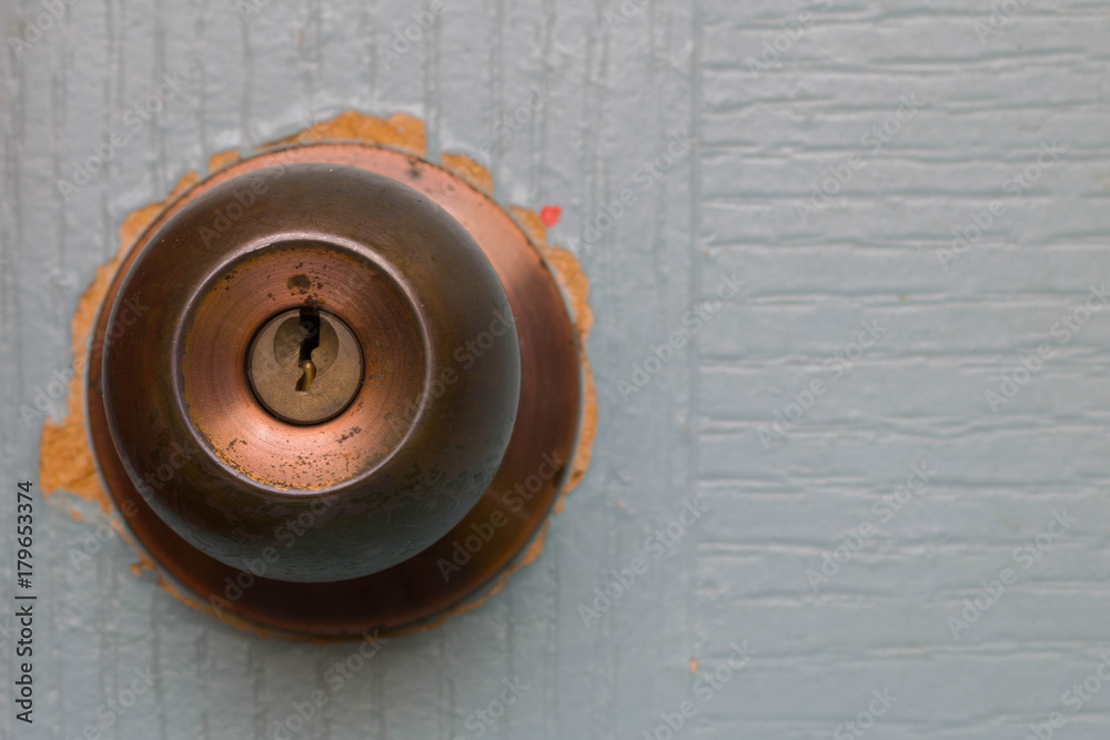 Close-up Door Old Knob on Blue wooden door Close-up Door Old Knob on Blue wooden door