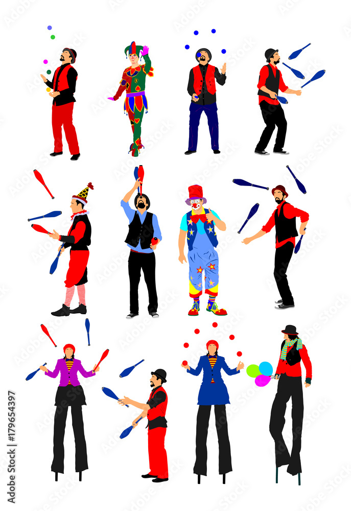 Clown on stilts with balloons vector isolated on white background ...