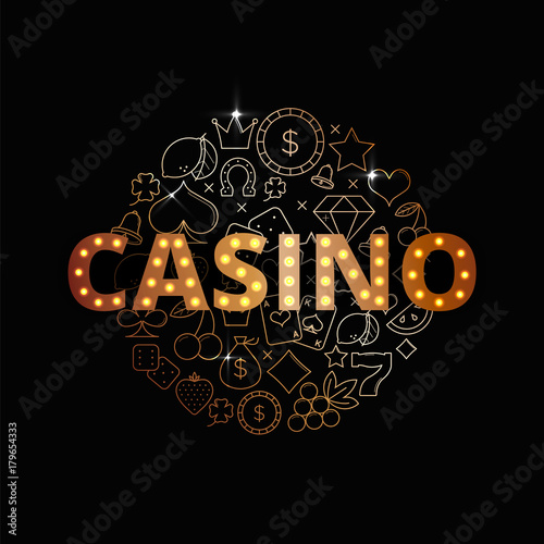 Line art vector set of Casino icons, symbols and items. Premium casino banner design. Shiny slot-machine illustration.