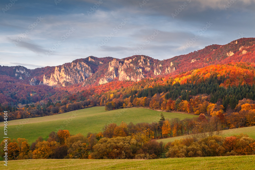 Autumn landscape with rocks in Sulov at sunset, Slovakia, Europe.
