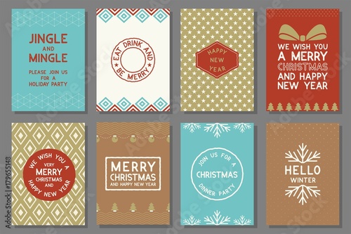 Merry Christmas typography and elements for holidays with greeting card template and pattern in retro style