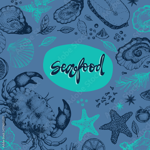 Seafood vector design template, banner. Seafood vector illustration hand drawn. Restaurant menu.