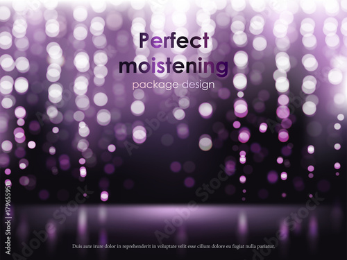 Advertising poster for perfect moisturizing cosmetic product, defocused bright violet background with white luminous elements, sparkling sequins. Vector realistic design for packaging