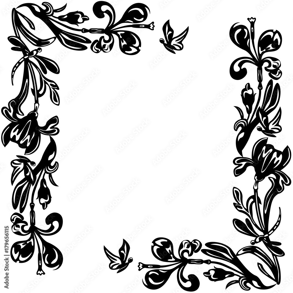 frame of silhouettes of flowers and butterflies