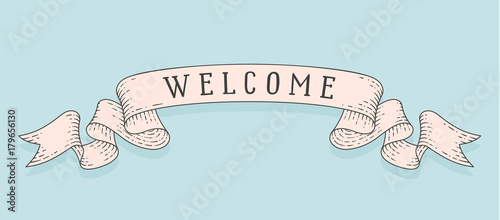 Old school ribbon banner and flag with text Welcome. Ribbon flag in vintage engraving style with linear drawing for classic retro design. Hand drawn design element. Vector Illustration