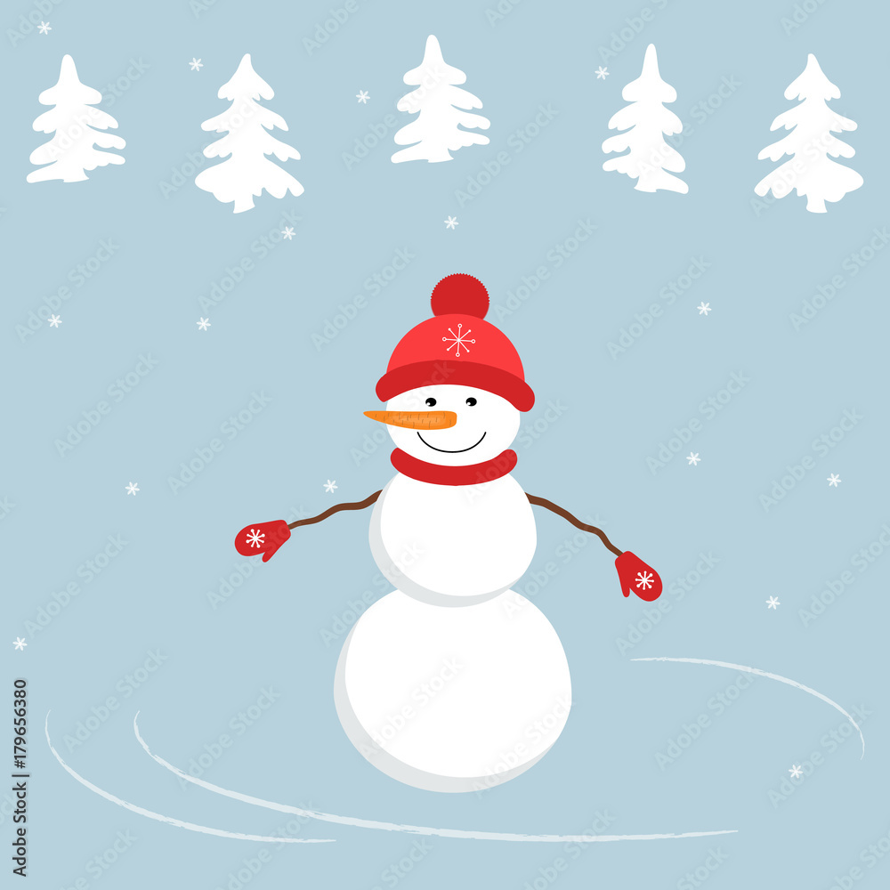 Fototapeta premium Snowman in a red hat and mittens on a blue background. Winter landscape with fir trees. It can be used as a design element in the Christmas composition. Vector illustration