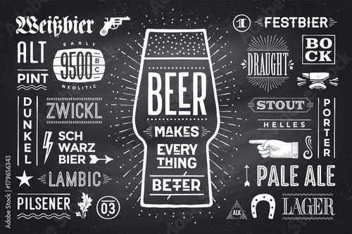 Poster or banner with text Beer Makes Everything Better and names types of beer. Black-white chalk graphic design on chalk board. Poster for menu, bar, pub, restaurant, beer theme. Vector Illustration
